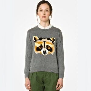 LACOSTE LIVE! Sz L Sweater 100% Cotton Raccoon Image On Grey Background